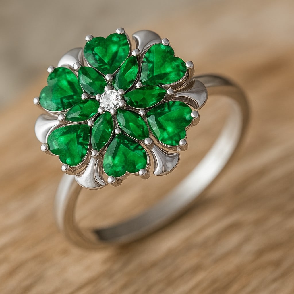 Lab Grown Emerald & Diamonds Silver Ring: Lab Grown Emerald & Diamonds Silver Ring Jewelry Type : Ring Gemstone : Lab Grown Emerald Gemstone Shape : Heart, Marquise Gemstone Size : 4 MM, 4x2 MM Gemstone Quantity : 12 Pieces Diamond