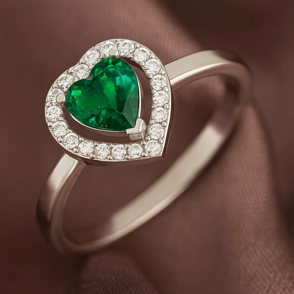 Lab Grown Emerald & Diamonds Silver Ring: Lab Grown Emerald & Diamonds Silver Ring Jewelry Type : Ring Gemstone : Lab Grown Emerald Gemstone Shape : Heart Gemstone Size : 6 MM Gemstone Quantity : 1 Piece Diamond Type : Lab Grown<