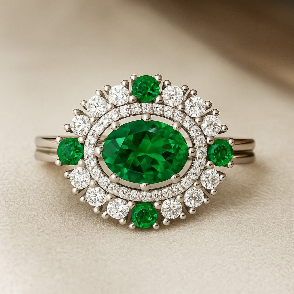 Lab Grown Emerald & Diamonds Silver Ring: Lab Grown Emerald & Diamonds Silver Ring Jewelry Type : Ring Gemstone : Lab Grown Emerald Gemstone Shape : Oval, Round Gemstone Size : 8x6 MM, 2.5 MM Gemstone Quantity : 1 Piece, 4 Pieces Di