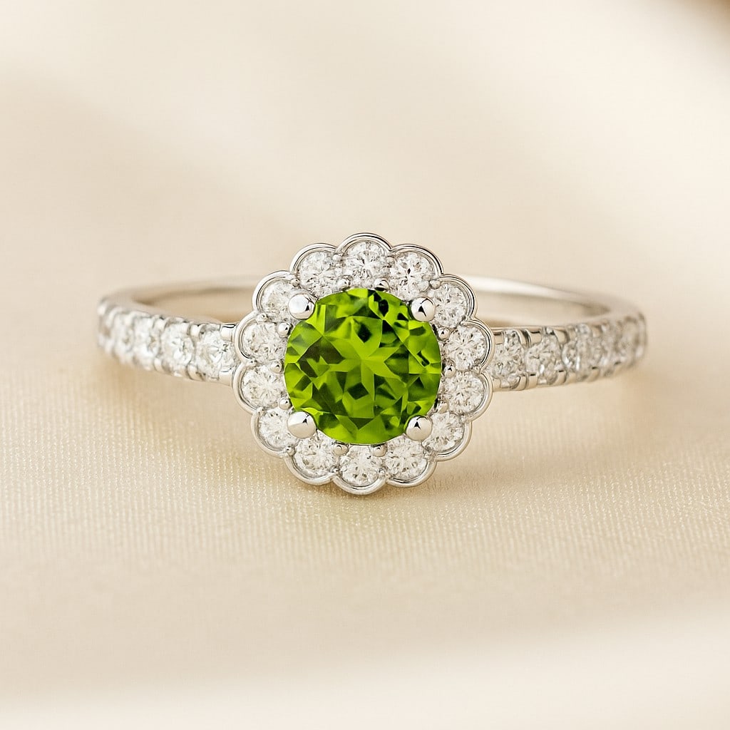 Natural Peridot Gemstone & Lab Grown Diamonds Silver Ring: Natural Peridot Gemstone & Lab Grown Diamonds Silver Ring Jewelry Type : Ring Gemstone : Natural Peridot Gemstone Shape : Round Gemstone Size : 5x5 MM Gemstone Quantity : 1 Piece Diamond Typ