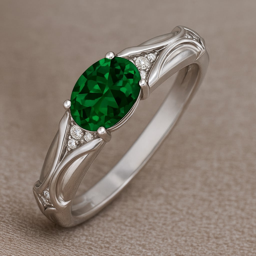 Lab Grown Emerald & Diamonds Silver Ring: Lab Grown Emerald & Diamonds Silver Ring Jewelry Type : Ring Gemstone : Lab Grown Emerald Gemstone Shape : Oval Gemstone Size : 8x6 MM Gemstone Quantity : 1 Piece Diamond Type : Lab Grown