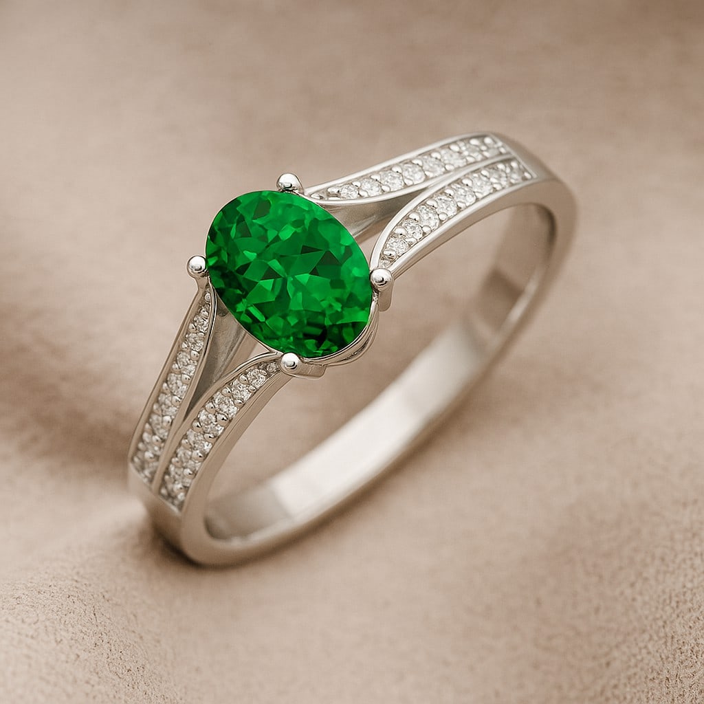 Lab Grown Emerald & Diamonds Silver Ring: Lab Grown Emerald & Diamonds Silver Ring Jewelry Type : Ring Gemstone : Lab Grown Emerald Gemstone Shape : Oval Gemstone Size : 7x5 MM Gemstone Quantity : 1 Piece Diamond Type : Lab Grown