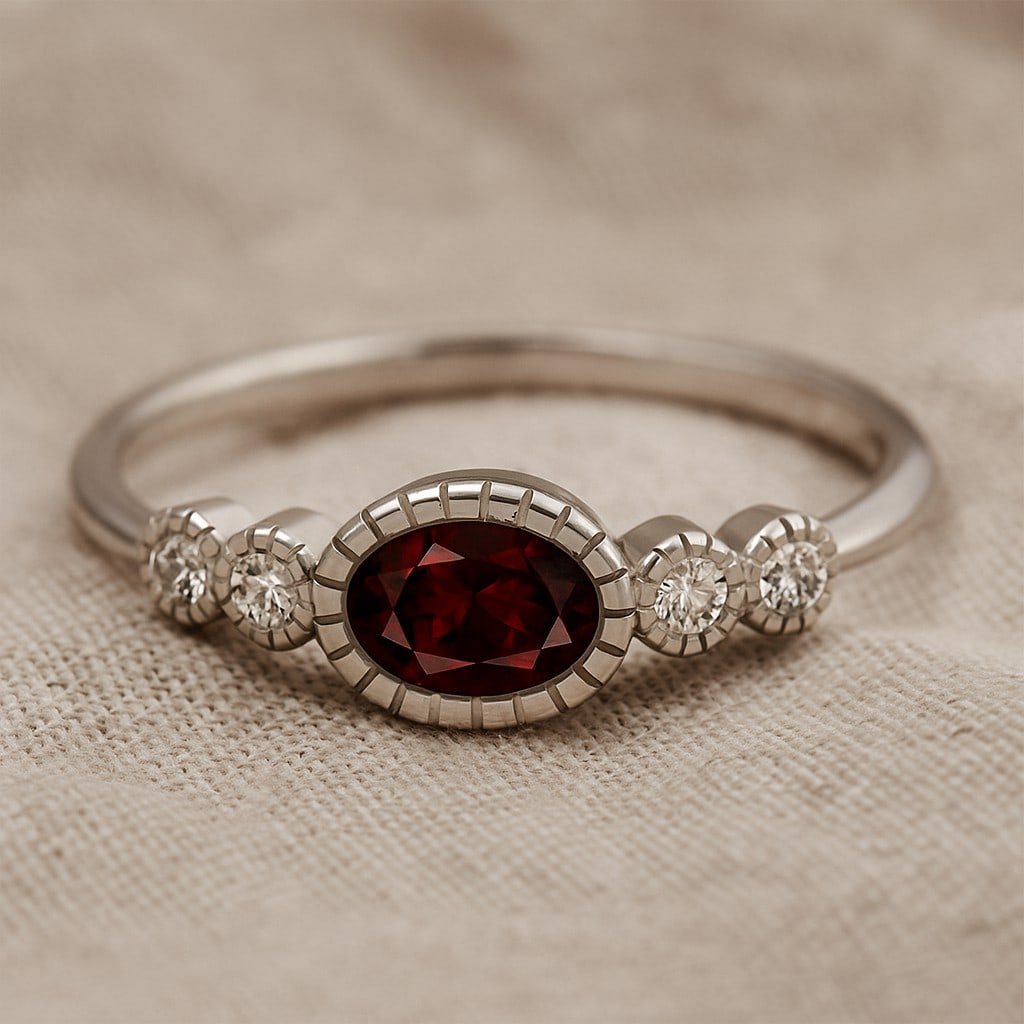 Natural Garnet Gemstone & Lab Grown Diamonds Silver Ring: Natural Garnet Gemstone & Lab Grown Diamonds Silver Ring Jewelry Type : Ring Gemstone : Natural Garnet Gemstone Shape : Oval Gemstone Size : 6x4 MM Gemstone Quantity : 1 Piece Diamond Type :