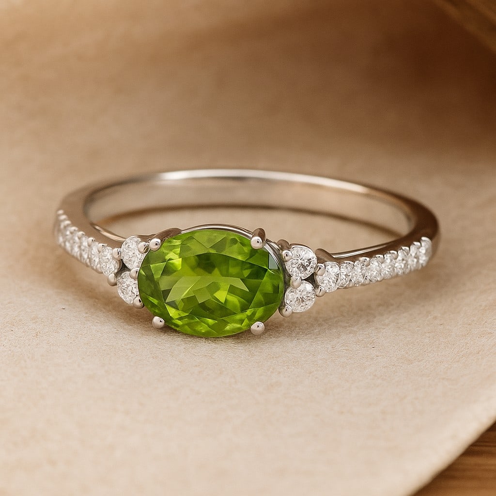 Natural Peridot Gemstone & Lab Grown Diamonds Silver Ring: Natural Peridot Gemstone & Lab Grown Diamonds Silver Ring Jewelry Type : Ring Gemstone : Natural Peridot Gemstone Shape : Oval Gemstone Size : 7x5 MM Gemstone Quantity : 1 Piece Diamond Type