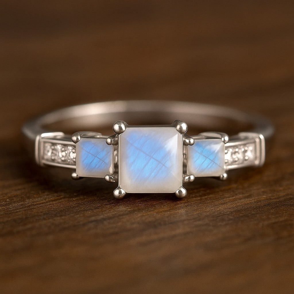 Natural Moonstone Gemstone & Lab Grown Diamonds Silver Ring: Natural Moonstone Gemstone & Lab Grown Diamonds Silver Ring Jewelry Type : Ring Gemstone : Natural Moonstone Gemstone Shape : Princess Gemstone Size : 5 MM, 3MM Gemstone Quantity : 1 Piece, 2 Piece