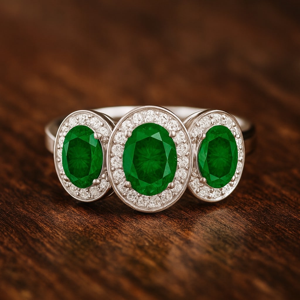 Lab Grown Emerald & Diamonds Silver Ring: Lab Grown Emerald & Diamonds Silver Ring Jewelry Type : Ring Gemstone : Lab Grown Emerald Gemstone Shape : Oval Gemstone Size : 7x5 MM, 6x4 MM Gemstone Quantity : 1 Piece, 2 Pieces Diamond T