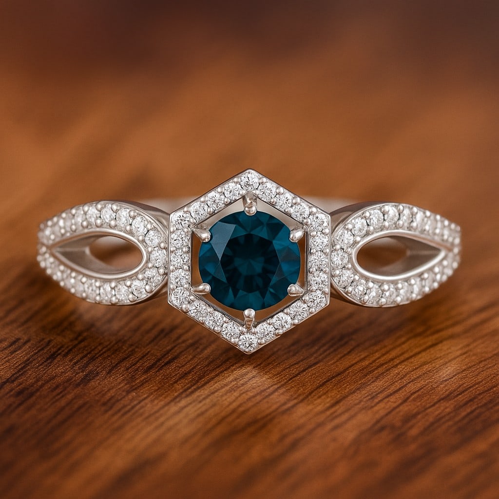Natural London Blue Topaz Gemstone & Lab Grown Diamonds Silver Ring: Natural London Blue Topaz Gemstone & Lab Grown Diamonds Silver Ring Jewelry Type : Ring Gemstone : Natural London Blue Topaz Gemstone Shape : Round Gemstone Size : 5 MM Gemstone Quantity : 1 Piece<