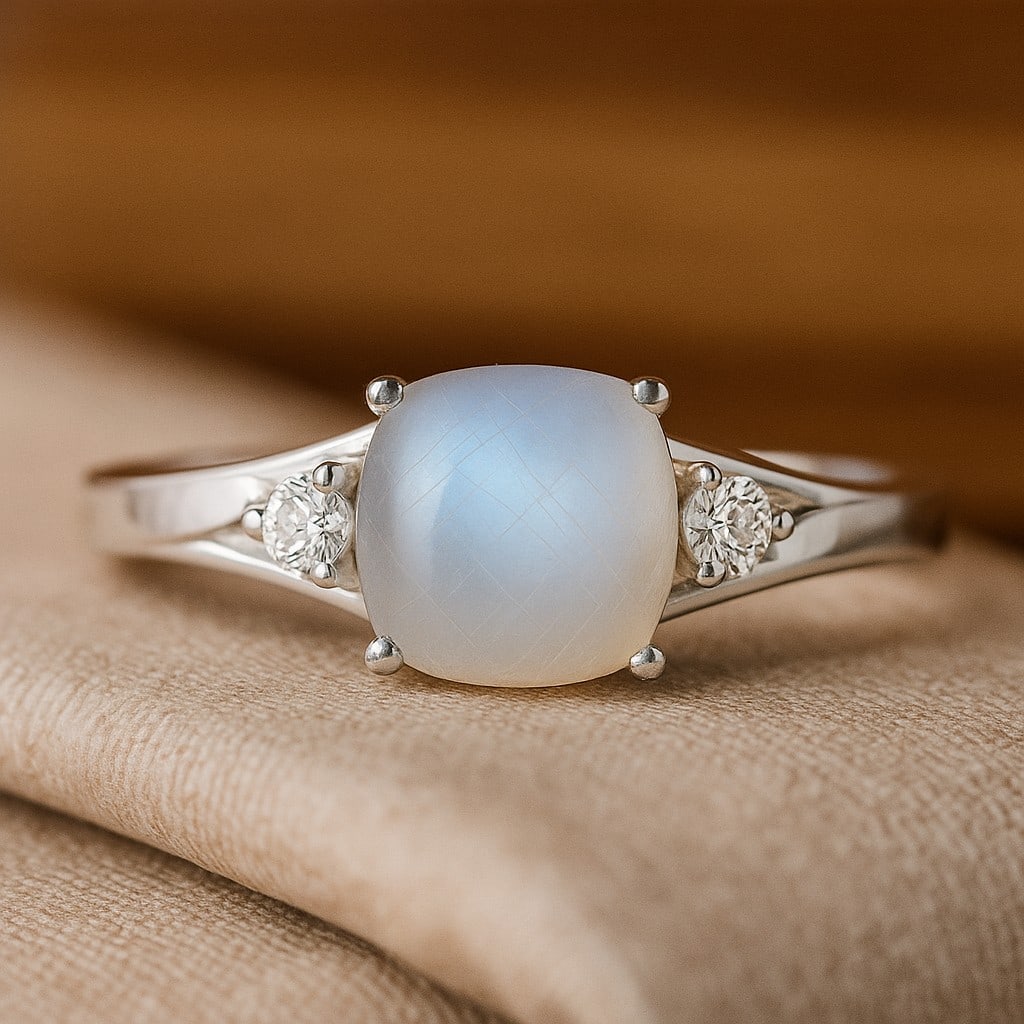 Natural Moonstone Gemstone & Lab Grown Diamonds Silver Ring: Natural Moonstone Gemstone & Lab Grown Diamonds Silver Ring Jewelry Type : Ring Gemstone : Natural Moonstone Gemstone Shape : Cushion Square Gemstone Size : 8 MM Gemstone Quantity : 1 Piece