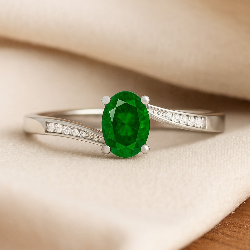 Lab Grown Emerald & Diamonds Silver Ring: Lab Grown Emerald & Diamonds Silver Ring Jewelry Type : Ring Gemstone : Lab Grown Emerald Gemstone Shape : Oval Gemstone Size : 7x5 MM Gemstone Quantity : 1 Piece Diamond Type : Lab Grown
