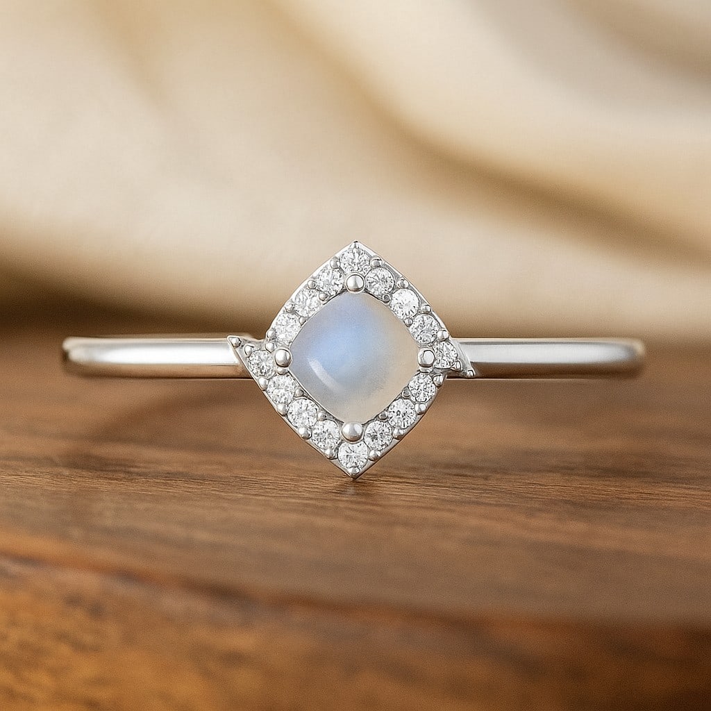 Natural Moonstone Gemstone & Lab Grown Diamonds Silver Ring: Natural Moonstone Gemstone & Lab Grown Diamonds Silver Ring Jewelry Type : Ring Gemstone : Natural Moonstone Gemstone Shape : Cushion Square Gemstone Size : 4 MM Gemstone Quantity : 1 Piece