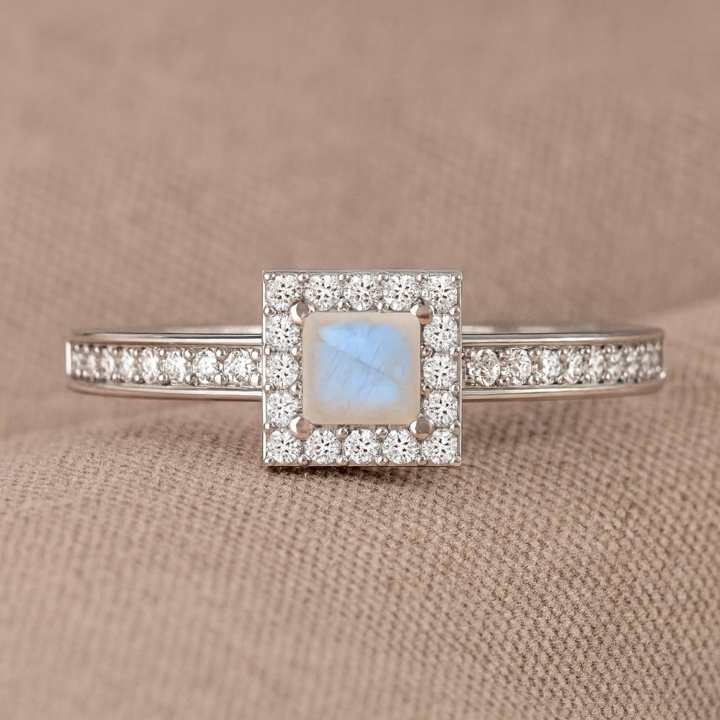 Natural Moonstone Gemstone & Lab Grown Diamonds Silver Ring: Natural Moonstone Gemstone & Lab Grown Diamonds Silver Ring Jewelry Type : Ring Gemstone : Natural Moonstone Gemstone Shape : Princess Gemstone Size : 4 MM Gemstone Quantity : 1 Piece Diamon
