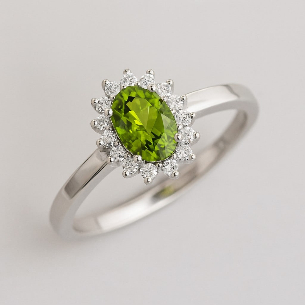 Natural Peridot Gemstone & Lab Grown Diamonds Silver Ring: Natural Peridot Gemstone & Lab Grown Diamonds Silver Ring Jewelry Type : Ring Gemstone : Natural Peridot Gemstone Shape : Oval Gemstone Size : 7x5 MM Gemstone Quantity : 1 Piece Diamond Type