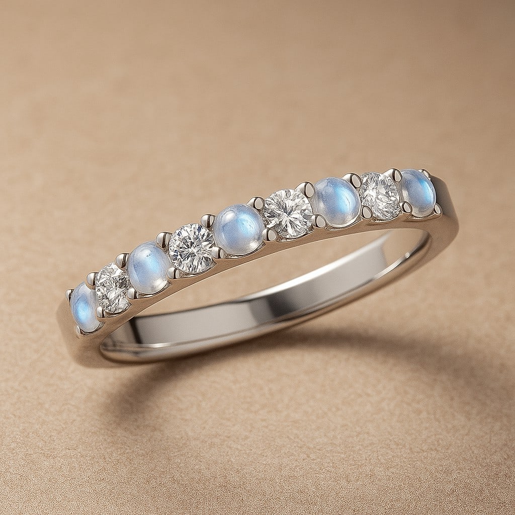 Natural Moonstone Gemstone & Lab Grown Diamonds Silver Ring (1 of 7)