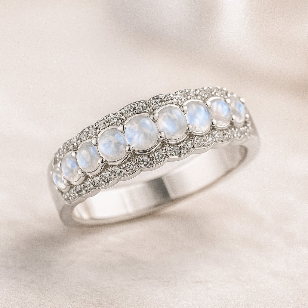 Natural Moonstone Gemstone & Lab Grown Diamonds Silver Ring: Natural Moonstone Gemstone & Lab Grown Diamonds Silver Ring Jewelry Type : Ring Gemstone : Natural Moonstone Gemstone Shape : Round Gemstone Size : 3 MM, 2.8 MM, 2.5 MM, 2.2 MM, 2 MM Gemstone Quantity