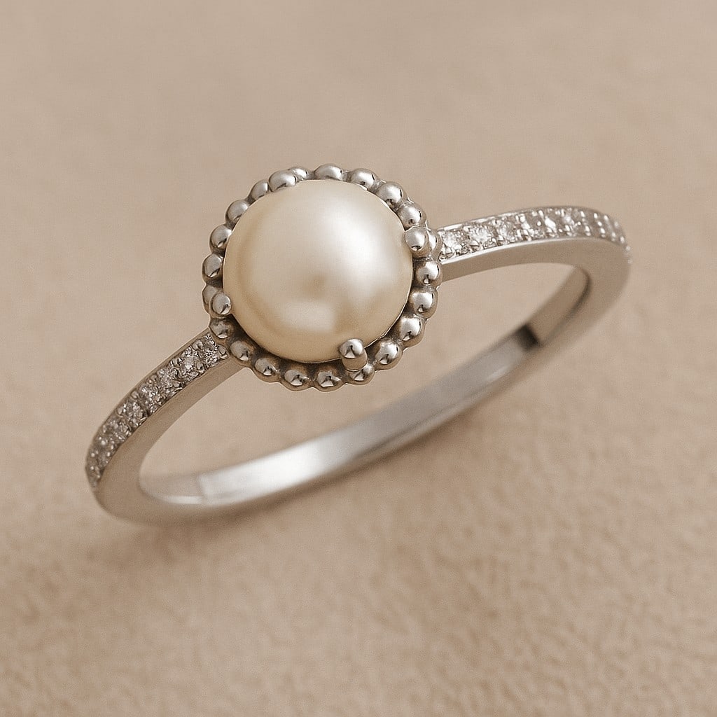 Natural Pearl Gemstone & Lab Grown Diamonds Silver Ring: Natural Pearl Gemstone & Lab Grown Diamonds Silver Ring Jewelry Type : Ring Gemstone : Natural Pearl Gemstone Shape : Round Gemstone Size : 7 MM Gemstone Quantity : 1 Piece Diamond Type :