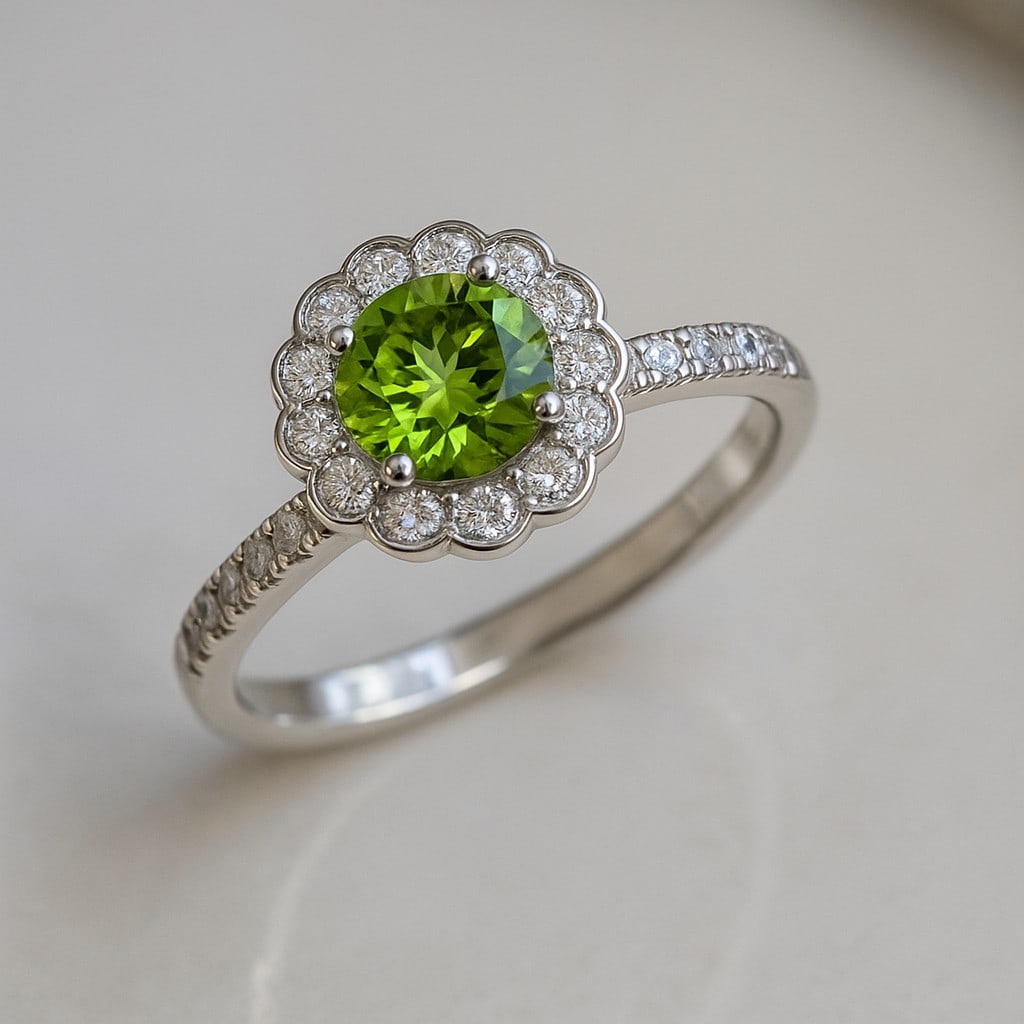 Natural Peridot Gemstone & Lab Grown Diamonds Silver Ring: Natural Peridot Gemstone & Lab Grown Diamonds Silver Ring Jewelry Type : Ring Gemstone : Natural Peridot Gemstone Shape : Round Gemstone Size : 7 MM Gemstone Quantity : 1 Piece Diamond Type