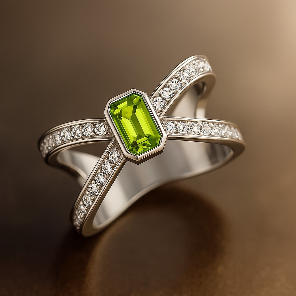 Natural Peridot Gemstone & Lab Grown Diamonds Silver Ring: Natural Peridot Gemstone & Lab Grown Diamonds Silver Ring Jewelry Type : Ring Gemstone : Natural Peridot Gemstone Shape : Emerald Gemstone Size : 6x4 MM Gemstone Quantity : 1 Piece Diamond T
