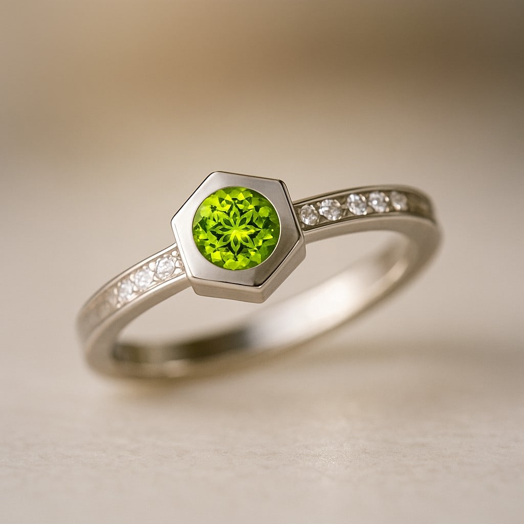 Natural Peridot Gemstone & Lab Grown Diamonds Silver Ring: Natural Peridot Gemstone & Lab Grown Diamonds Silver Ring Jewelry Type : Ring Gemstone : Natural Peridot Gemstone Shape : Round Gemstone Size : 5 MM Gemstone Quantity : 1 Piece Diamond Type