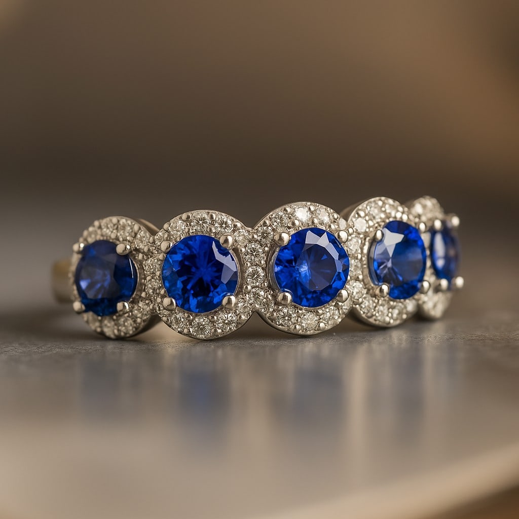 Natural Blue Sapphire Gemstone & Lab Grown Diamonds Silver Ring: Natural Blue Sapphire Gemstone & Lab Grown Diamonds Silver Ring Jewelry Type : Ring Gemstone : Natural Blue Sapphire Gemstone Shape : Round Gemstone Size : 4 MM Gemstone Quantity : 5 Pieces