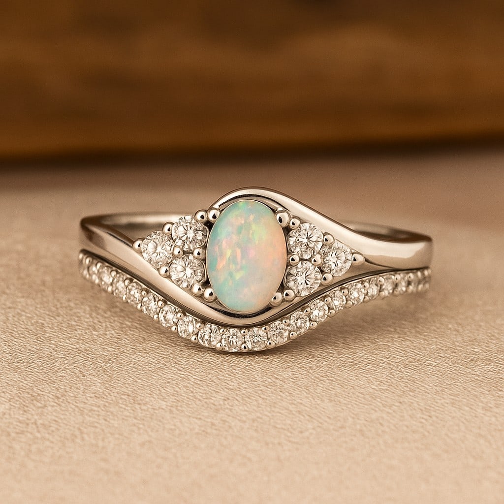 Natural Opal Gemstone & Lab Grown Diamonds Silver Ring: Natural Opal Gemstone & Lab Grown Diamonds Silver Ring Jewelry Type : Ring Gemstone : Natural Opal Gemstone Shape : Oval Gemstone Size : 6x4 MM Gemstone Quantity : 1 Piece Diamond Type :