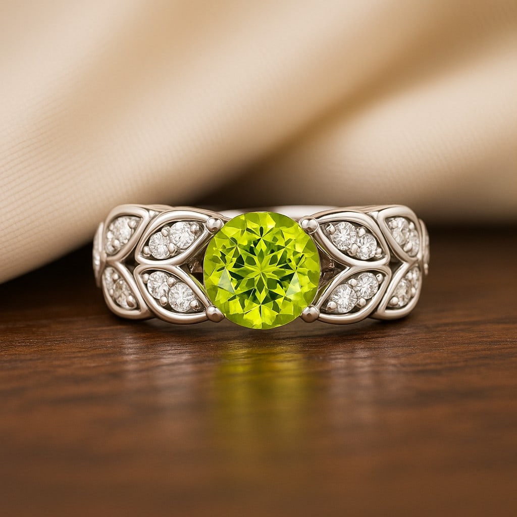 Natural Peridot Gemstone & Lab Grown Diamonds Silver Ring: Natural Peridot Gemstone & Lab Grown Diamonds Silver Ring Jewelry Type : Ring Gemstone : Natural Peridot Gemstone Shape : Round Gemstone Size : 7 MM Gemstone Quantity : 1 Piece Diamond Type