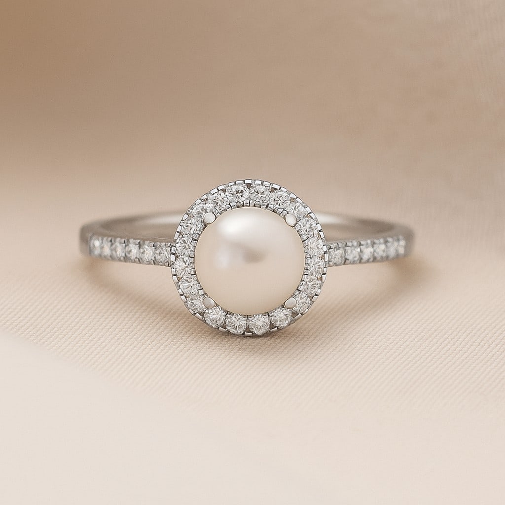 Natural Pearl Gemstone & Lab Grown Diamonds Silver Ring: Natural Pearl Gemstone & Lab Grown Diamonds Silver Ring Jewelry Type : Ring Gemstone : Natural Pearl Gemstone Shape : Round Gemstone Size : 7 MM Gemstone Quantity : 1 Piece Diamond Type :