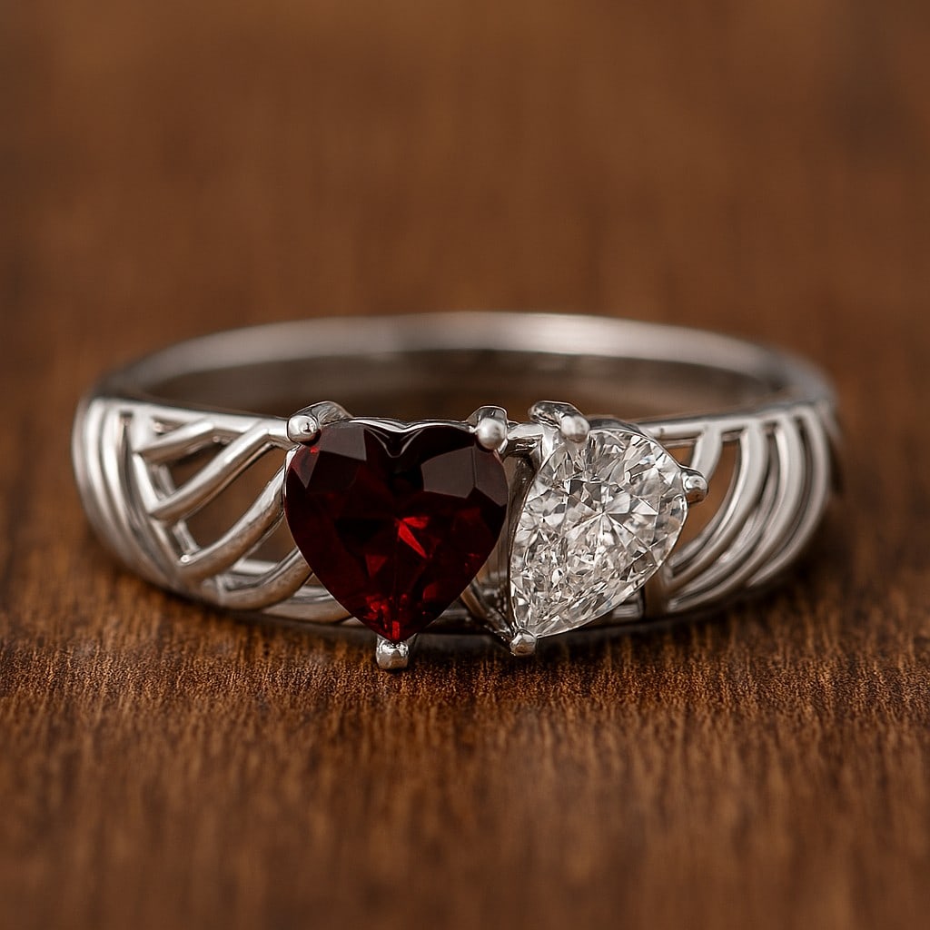 Natural Garnet Gemstone & Lab Grown Diamonds Silver Ring: Natural Garnet Gemstone & Lab Grown Diamonds Silver Ring Jewelry Type : Ring Gemstone : Natural Garnet Gemstone Shape : Heart Gemstone Size : 6 MM Gemstone Quantity : 1 Piece Diamond Type :