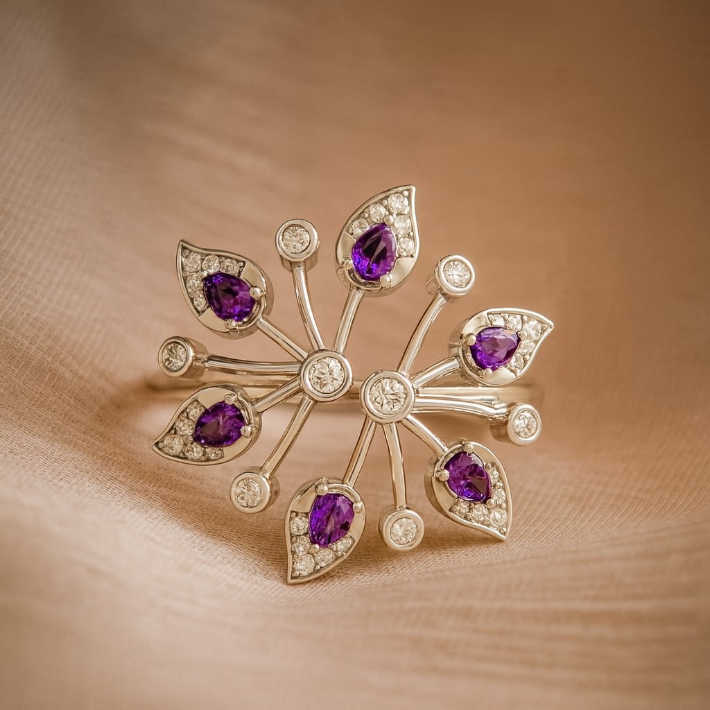 Natural Amethyst Gemstone & Lab Grown Diamonds Silver Ring: Natural Amethyst Gemstone & Lab Grown Diamonds Silver Ring Jewelry Type : Ring Gemstone : Natural Amethyst Gemstone Shape : Pear Gemstone Size : 3x2 MM Gemstone Quantity : 6 Pieces Diamond T