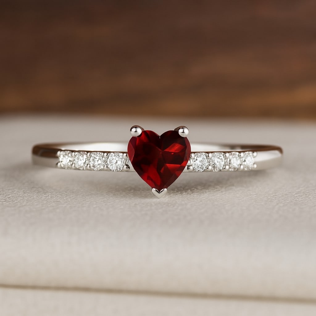 Natural Garnet Gemstone & Lab Grown Diamonds Silver Ring: Natural Garnet Gemstone & Lab Grown Diamonds Silver Ring Jewelry Type : Ring Gemstone : Natural Garnet Gemstone Shape : Heart Gemstone Size : 5 MM Gemstone Quantity : 1 Piece Diamond Type :