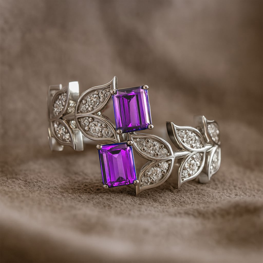 Natural Tanzanite Gemstone & Lab Grown Diamonds Silver Ring: Natural Tanzanite Gemstone & Lab Grown Diamonds Silver Ring Jewelry Type : Ring Gemstone : Natural Tanzanite Gemstone Shape : Emerald Gemstone Size : 5x4 MM Gemstone Quantity : 2 Pieces Diam