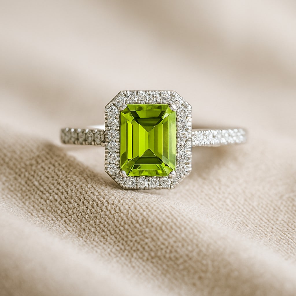 Natural Peridot Gemstone & Lab Grown Diamonds Silver Ring: Natural Peridot Gemstone & Lab Grown Diamonds Silver Ring Jewelry Type : Ring Gemstone : Natural Peridot Gemstone Shape : Emerald Gemstone Size : 8x6 MM Gemstone Quantity : 1 Piece Diamond T