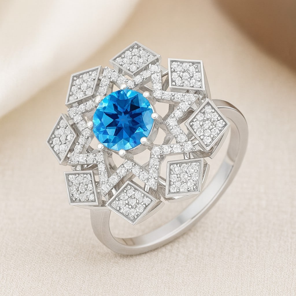 Natural Swiss Blue Topaz Gemstone & Lab Grown Diamonds Silver Ring: Natural Swiss Blue Topaz Gemstone & Lab Grown Diamonds Silver Ring Jewelry Type : Ring Gemstone : Natural Swiss Blue Topaz Gemstone Shape : Round Gemstone Size : 7 MM Gemstone Quantity : 1 Piece