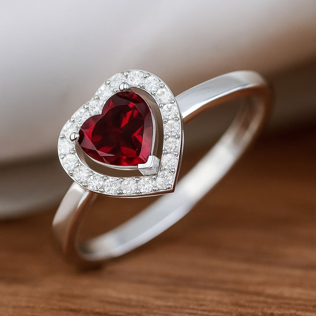 Natural Garnet Gemstone & Lab Grown Diamonds Silver Ring: Natural Garnet Gemstone & Lab Grown Diamonds Silver Ring Jewelry Type : Ring Gemstone : Natural Garnet Gemstone Shape : Heart Gemstone Size : 6 MM Gemstone Quantity : 1 Piece Diamond Type :