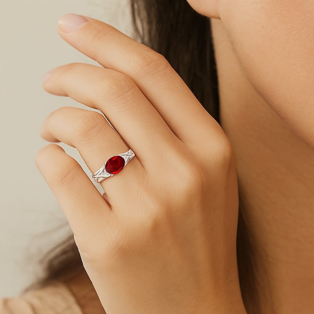 Natural Ruby Gemstone & Lab Grown Diamonds Silver Ring - 3