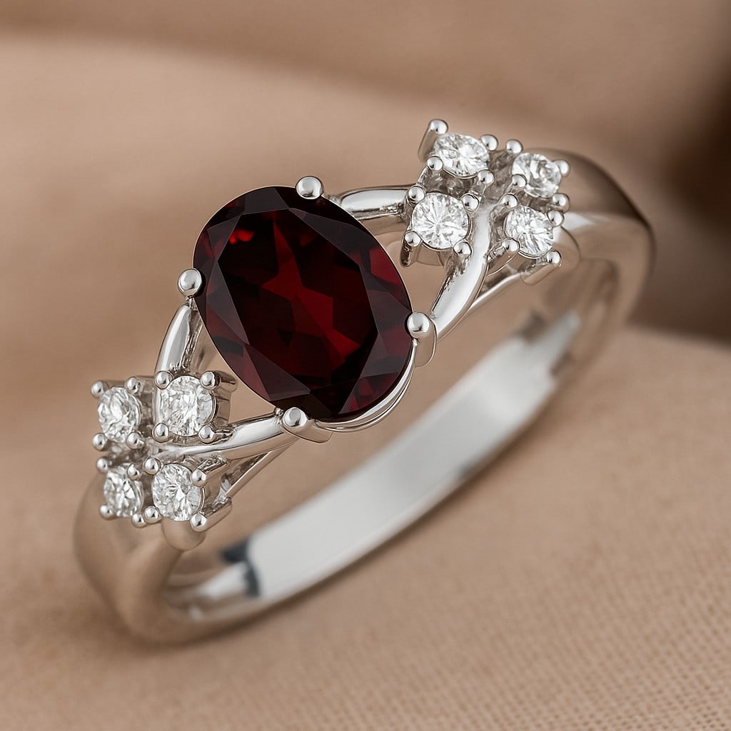 Natural Garnet Gemstone & Lab Grown Diamonds Silver Ring: Natural Garnet Gemstone & Lab Grown Diamonds Silver Ring Jewelry Type : Ring Gemstone : Natural Garnet Gemstone Shape : Oval Gemstone Size : 8x6 MM Gemstone Quantity : 1 Piece Diamond Type :