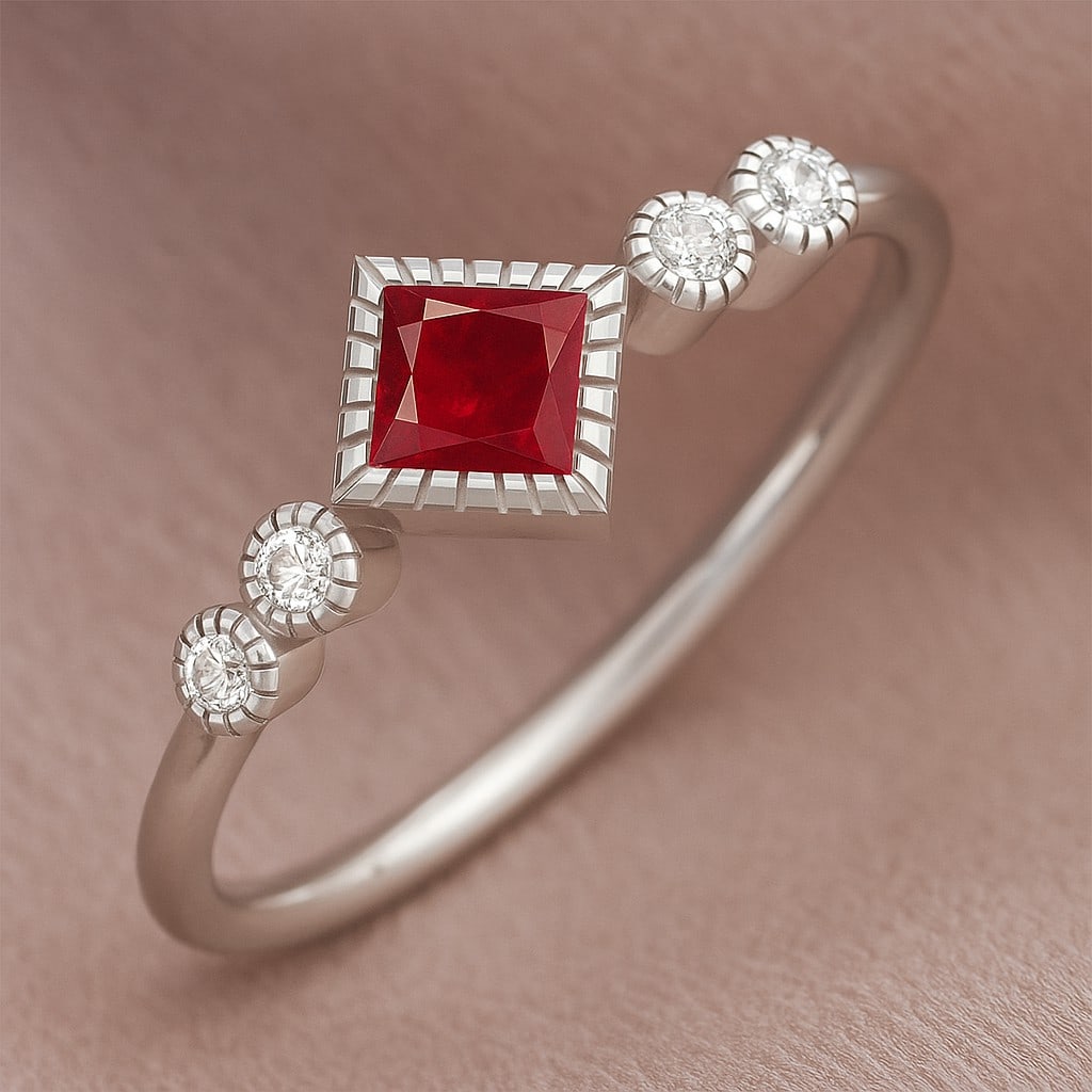 Natural Ruby Gemstone & Lab Grown Diamonds Silver Ring: Natural Ruby Gemstone & Lab Grown Diamonds Silver Ring Jewelry Type : Ring Gemstone : Natural Ruby Gemstone Shape : Princess Gemstone Size : 4 MM Gemstone Quantity : 1 Piece Diamond Type : <