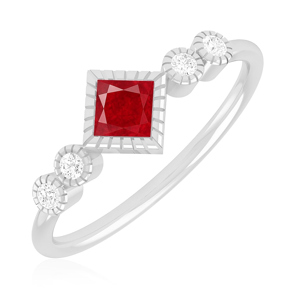 Natural Ruby Gemstone & Lab Grown Diamonds Silver Ring - 2