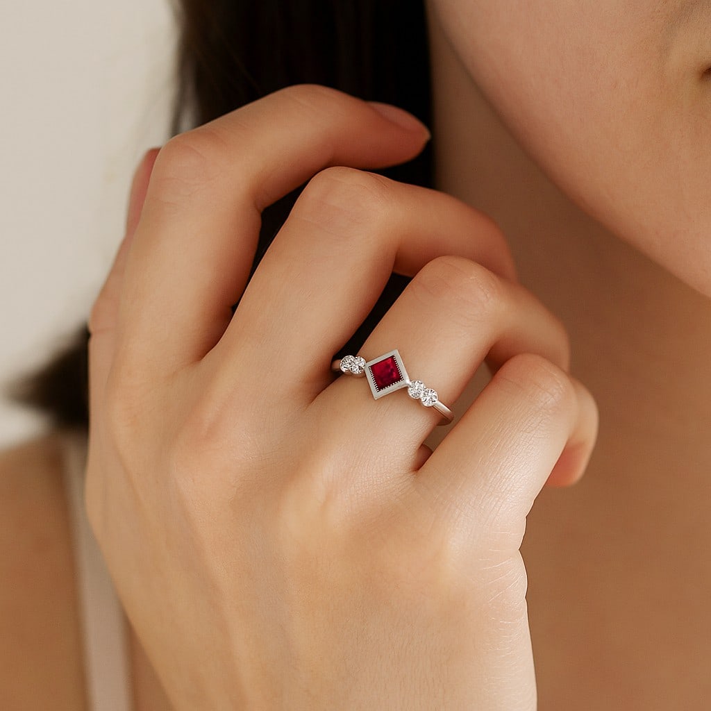Natural Ruby Gemstone & Lab Grown Diamonds Silver Ring - 3