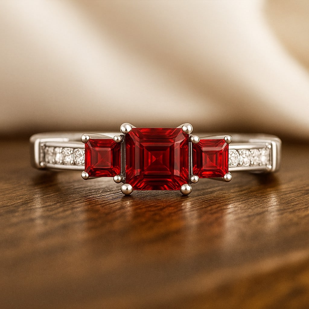 Natural Ruby Gemstone & Lab Grown Diamonds Silver Ring: Natural Ruby Gemstone & Lab Grown Diamonds Silver Ring Jewelry Type : Ring Gemstone : Natural Ruby Gemstone Shape : Princess Gemstone Size : 5 MM, 3MM Gemstone Quantity : 1 Piece, 2 Pieces D