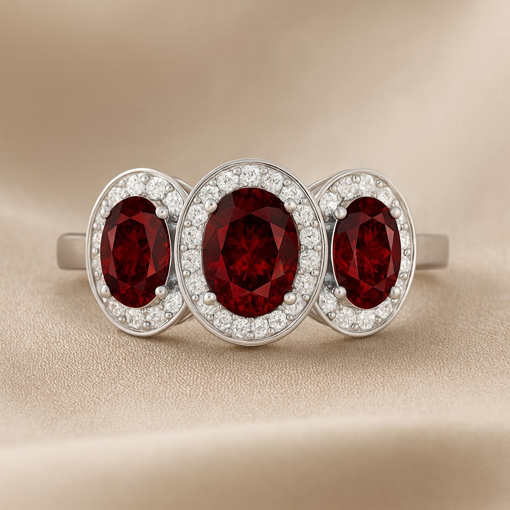Natural Garnet Gemstone & Lab Grown Diamonds Silver Ring: Natural Garnet Gemstone & Lab Grown Diamonds Silver Ring Jewelry Type : Ring Gemstone : Natural Garnet Gemstone Shape : Oval Gemstone Size : 7x5 MM, 6x4 MM Gemstone Quantity : 1 Piece, 2 Pieces