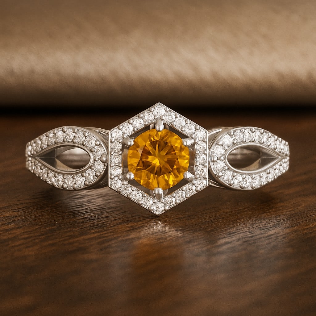 Natural Citrine Gemstone & Lab Grown Diamonds Silver Ring: Natural Citrine Gemstone & Lab Grown Diamonds Silver Ring Jewelry Type : Ring Gemstone : Natural Citrine Gemstone Shape : Round Gemstone Size : 5 MM Gemstone Quantity : 1 Piece Diamond Type