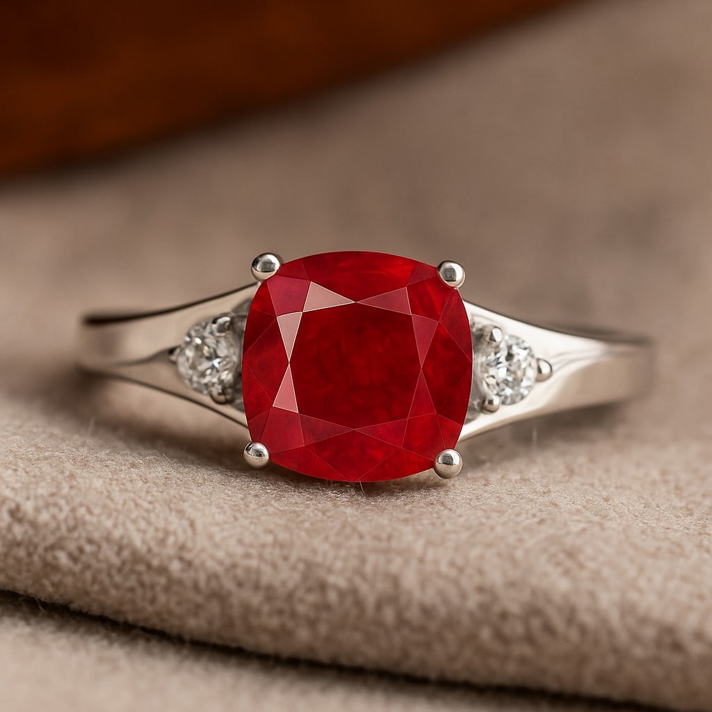 Natural Ruby Gemstone & Lab Grown Diamonds Silver Ring: Natural Ruby Gemstone & Lab Grown Diamonds Silver Ring Jewelry Type : Ring Gemstone : Natural Ruby Gemstone Shape : Cushion Square Gemstone Size : 8 MM Gemstone Quantity : 1 Piece Diamond Ty