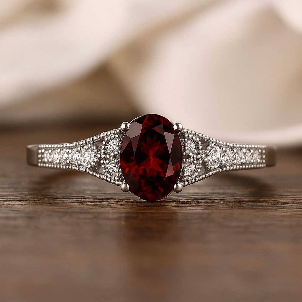 Natural Garnet Gemstone & Lab Grown Diamonds Silver Ring: Natural Garnet Gemstone & Lab Grown Diamonds Silver Ring Jewelry Type : Ring Gemstone : Natural Garnet Gemstone Shape : Oval Gemstone Size : 7x5 MM Gemstone Quantity : 1 Piece Diamond Type :