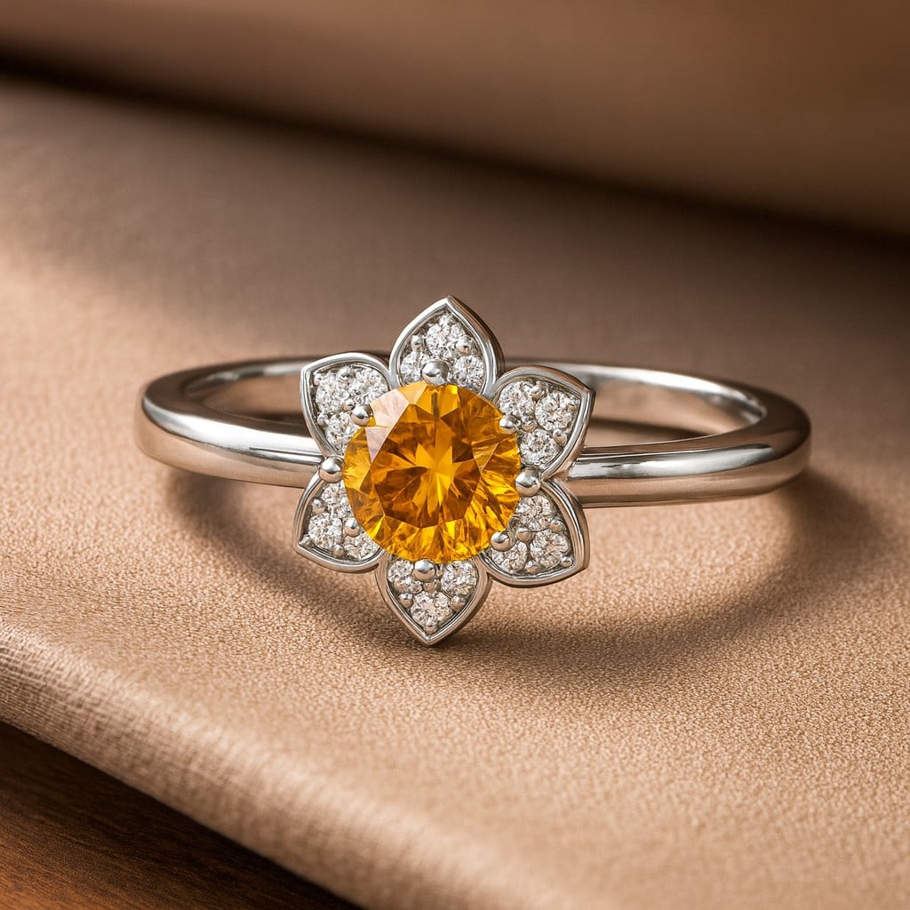 Natural Citrine Gemstone & Lab Grown Diamonds Silver Ring: Natural Citrine Gemstone & Lab Grown Diamonds Silver Ring Jewelry Type : Ring Gemstone : Natural Citrine Gemstone Shape : Round Gemstone Size : 5 MM Gemstone Quantity : 1 Piece Diamond Type