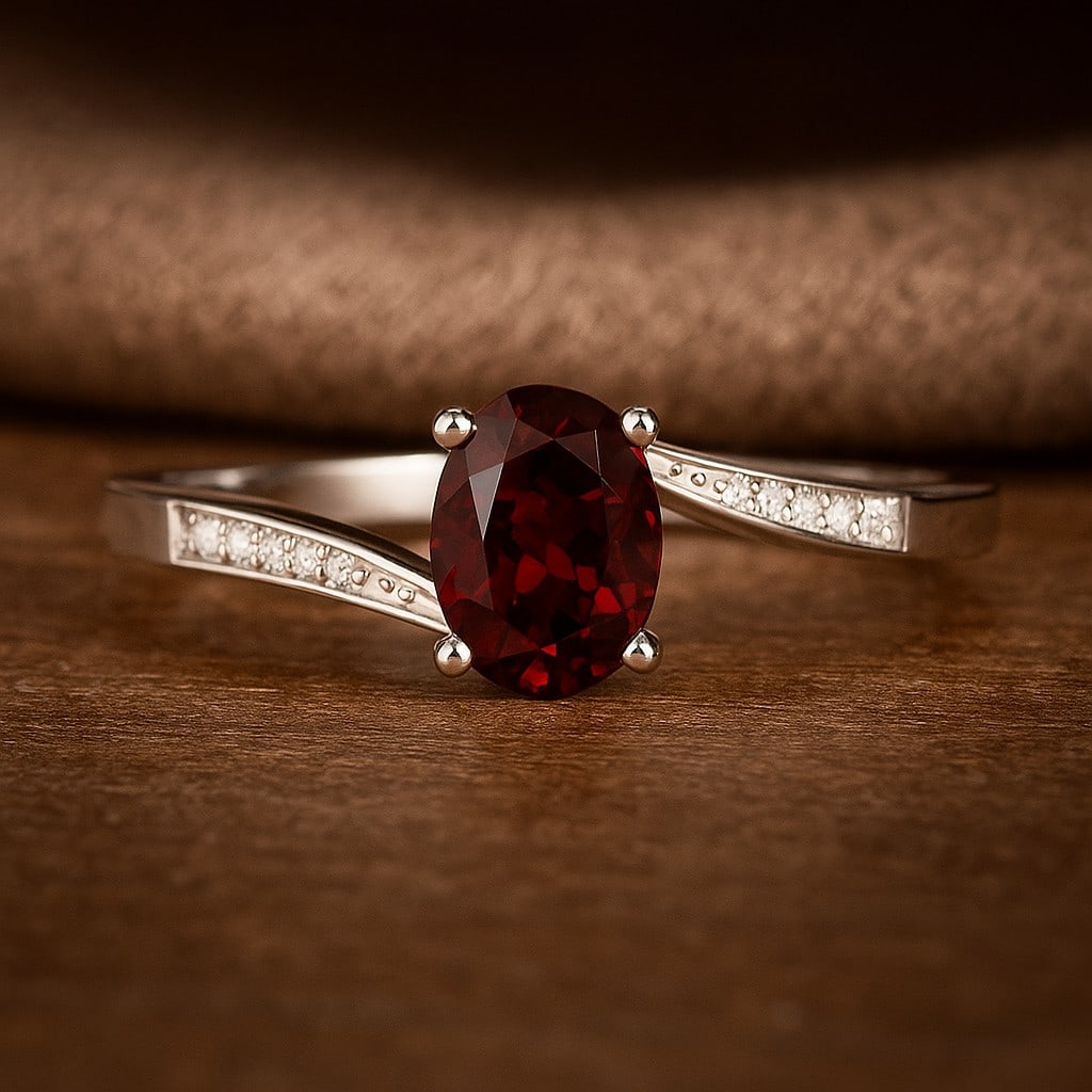 Natural Garnet Gemstone & Lab Grown Diamonds Silver Ring: Natural Garnet Gemstone & Lab Grown Diamonds Silver Ring Jewelry Type : Ring Gemstone : Natural Garnet Gemstone Shape : Oval Gemstone Size : 7x5 MM Gemstone Quantity : 1 Piece Diamond Type :