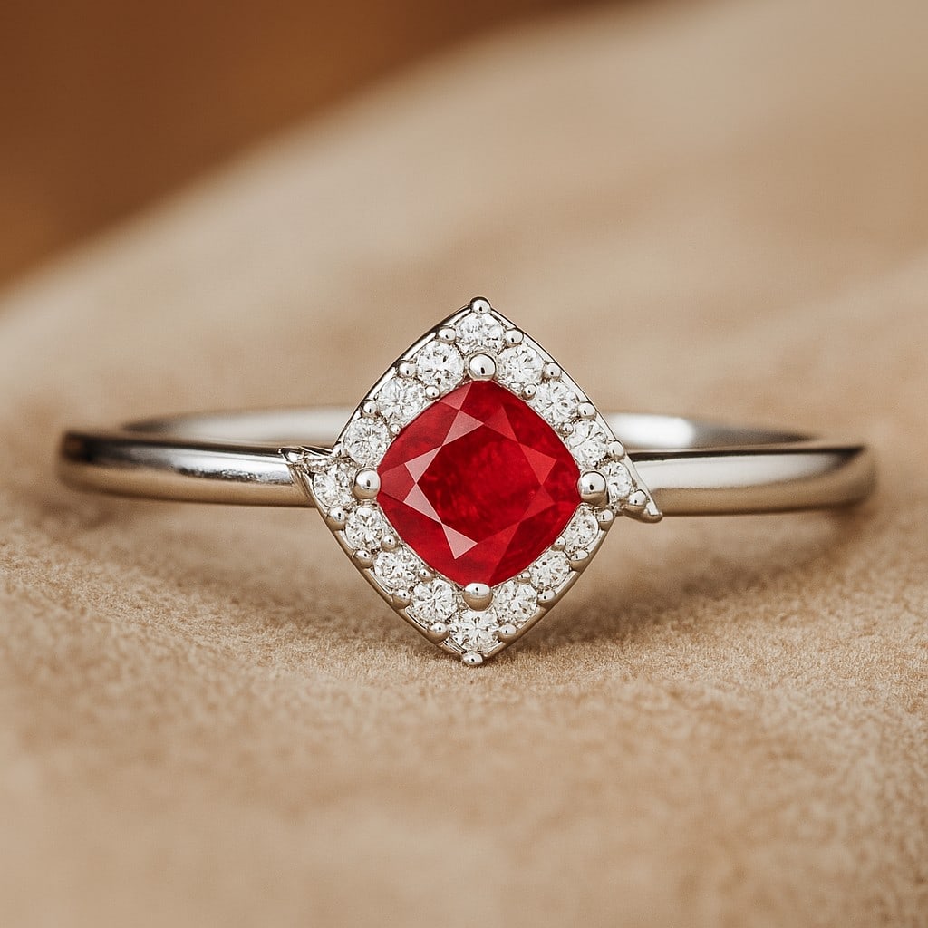 Natural Ruby Gemstone & Lab Grown Diamonds Silver Ring: Natural Ruby Gemstone & Lab Grown Diamonds Silver Ring Jewelry Type : Ring Gemstone : Natural Ruby Gemstone Shape : Cushion Square Gemstone Size : 4 MM Gemstone Quantity : 1 Piece Diamond Ty