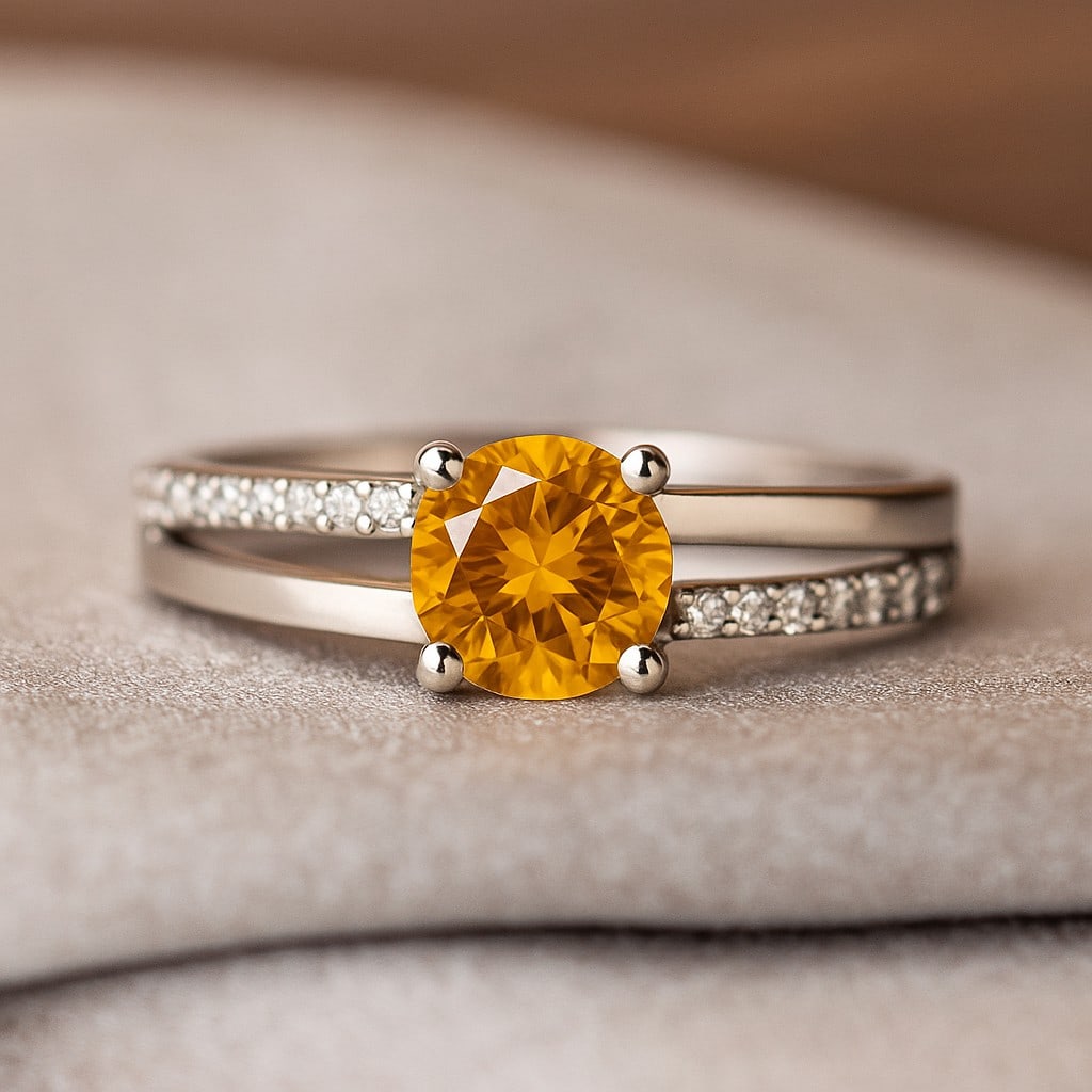 Natural Citrine Gemstone & Lab Grown Diamonds Silver Ring: Natural Citrine Gemstone & Lab Grown Diamonds Silver Ring Jewelry Type : Ring Gemstone : Natural Citrine Gemstone Shape : Round Gemstone Size : 6 MM Gemstone Quantity : 1 Piece Diamond Type