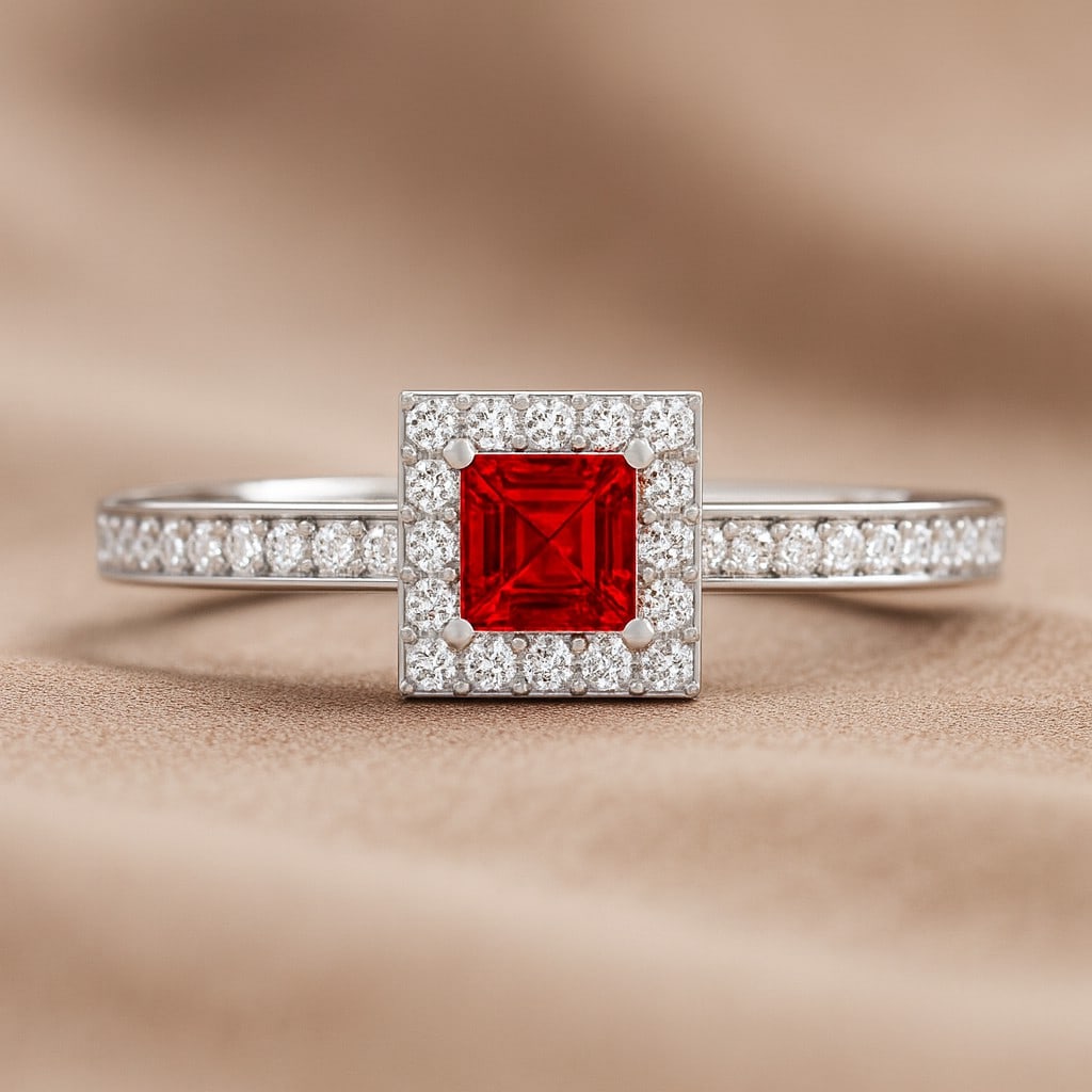 Natural Ruby Gemstone & Lab Grown Diamonds Silver Ring: Natural Ruby Gemstone & Lab Grown Diamonds Silver Ring Jewelry Type : Ring Gemstone : Natural Ruby Gemstone Shape : Princess Gemstone Size : 4 MM Gemstone Quantity : 1 Piece Diamond Type : <