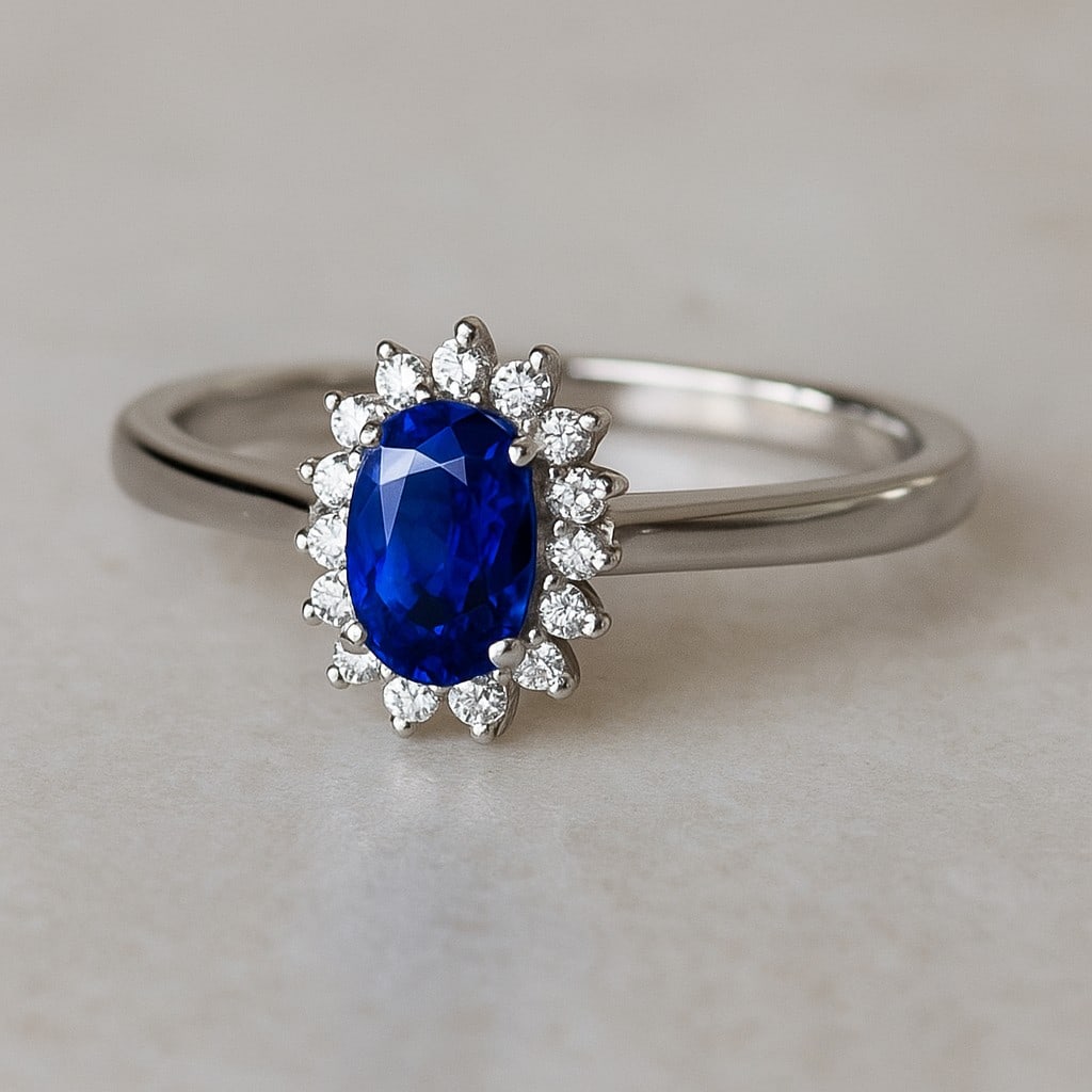 Natural Blue Sapphire Gemstone & Lab Grown Diamonds Silver Ring: Natural Blue Sapphire Gemstone & Lab Grown Diamonds Silver Ring Jewelry Type : Ring Gemstone : Natural Blue Sapphire Gemstone Shape : Oval Gemstone Size : 7x5 MM Gemstone Quantity : 1 Piece