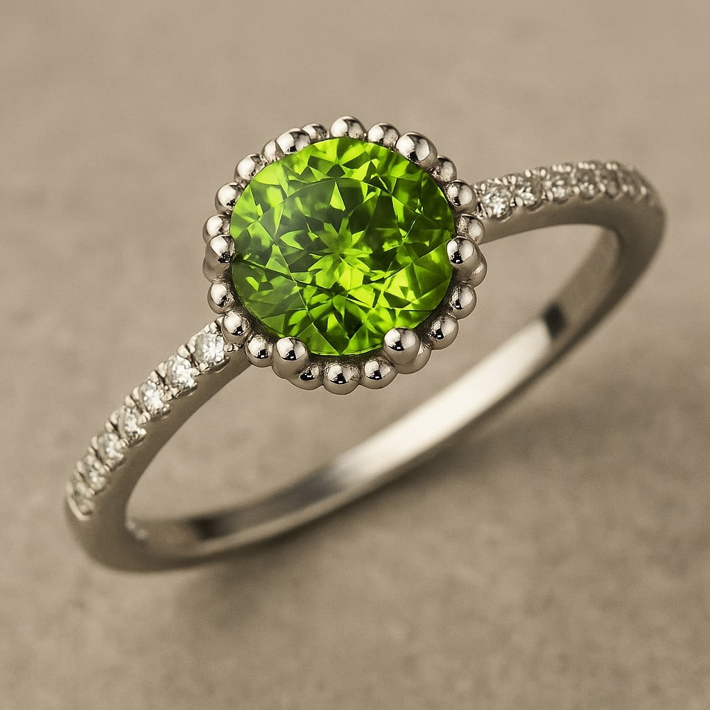 Natural Peridot Gemstone & Lab Grown Diamonds Silver Ring: Natural Peridot Gemstone & Lab Grown Diamonds Silver Ring Jewelry Type : Ring Gemstone : Natural Peridot Gemstone Shape : Round Gemstone Size : 7 MM Gemstone Quantity : 1 Piece Diamond Type